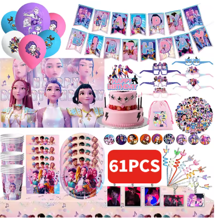 Ensemble de décorations d'anniversaire Kpop chasseurs de démons, vaisselle, ballons, bannière, nappe, sac, décor de gâteau Kpop pour cadeaux de fête pour filles, nouvelle collection