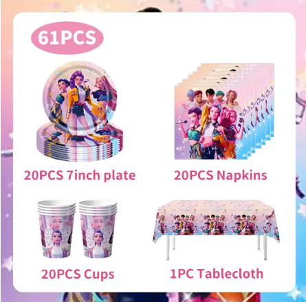 Ensemble de décorations d'anniversaire Kpop chasseurs de démons, vaisselle, ballons, bannière, nappe, sac, décor de gâteau Kpop pour cadeaux de fête pour filles, nouvelle collection